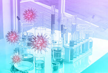 Double exposure of molecular covid-19 cells with test tube in laboratory. coronavirus covid-19...