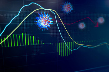 Double exposure of Coronavirus in 3D illustration and graph stock market and the global economy. Stock market chart in downtrend crisis from Coronavirus disease (COVID-19) outbreak concept.