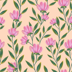 endless seamless pattern with pink flowers on a beige background

