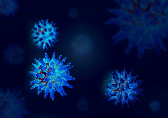 Coronavirus disease COVID-19 under the microscope 3D illustration with copy space on blue color background. Dangerous flu strain pandemic concept.