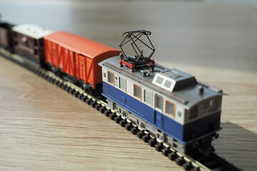 Close-up of model train (N gauge) engine with pantograph mechanism