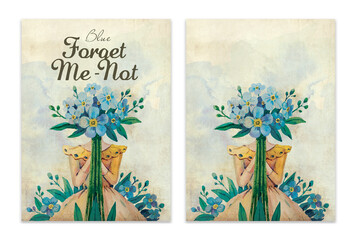 Watercolor illustration of a girl with a bouquet of forget-me-not flowers. For postcard, book cover, packaging, seed packing
