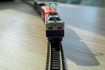 Close-up of model train (N gauge) engine with pantograph mechanism