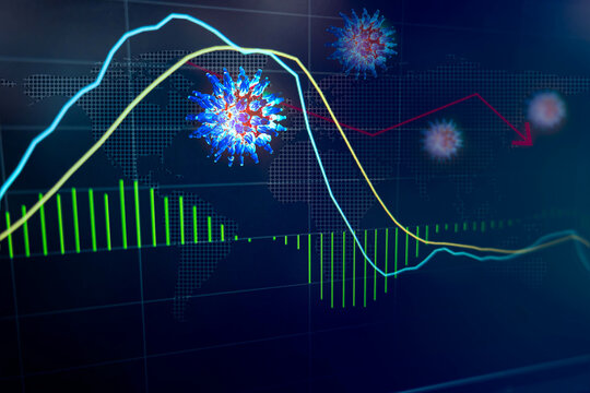 Double exposure of Coronavirus in 3D illustration and graph stock market and the global economy. Stock market chart in downtrend crisis from Coronavirus disease (COVID-19) outbreak concept.