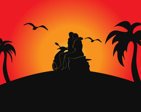 Silhouette of a couple, birds and palm trees. Sunset on an orange background. Couple on a moped.