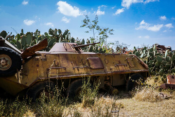 Destroyed War Machines and Tanks rounded by Cactuses on the Tank Graveyard in Asmara, Eritrea