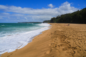 High waves crashing on Lumaha'i Beach on the North Shore of Kauai island in Hawaii, United States