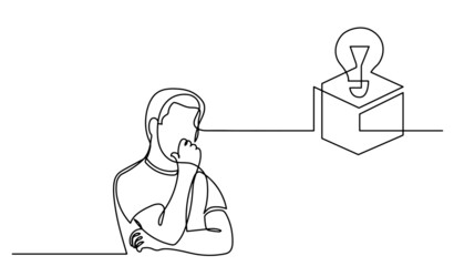 one line drawing of person thinking about idea solving problems finding solutions