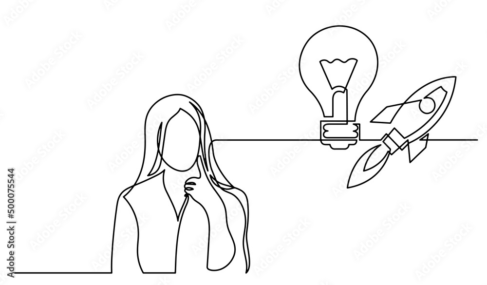 Poster one line drawing of person thinking about idea solving problems finding solutions