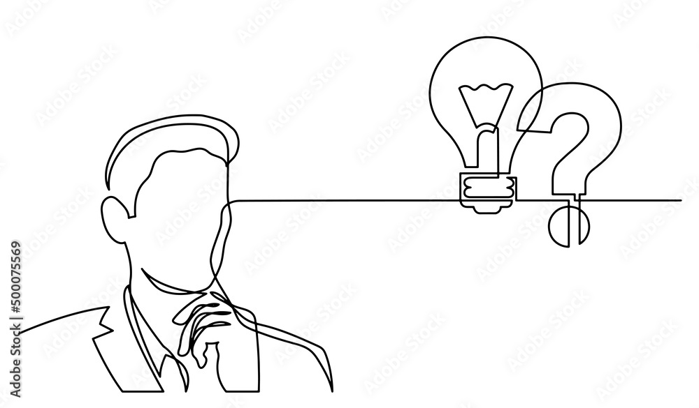 Poster one line drawing of person thinking about idea solving problems finding solutions