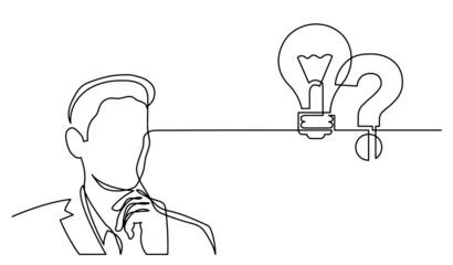 one line drawing of person thinking about idea solving problems finding solutions