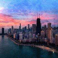 Chicago USA city center skyscrapers and architecture, America travel downtown, drawing in oil wall art print for canvas or paper poster, tourism production design real painting modern artistic artwork