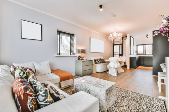 Interior of living room with table