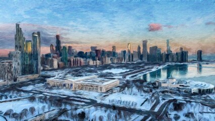 Chicago USA city center skyscrapers and architecture, America travel downtown, drawing in oil wall art print for canvas or paper poster, tourism production design real painting modern artistic artwork