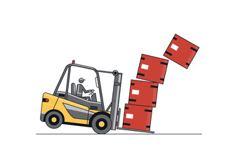 Overloading. Flat line vector design of forklift with operator and load. © norsob