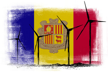 Wind energy generators on background in colors of national flag. Andorra