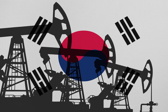 Pump- jacks on background in colors of national flag. Oil and gas wells production concept. Korea South