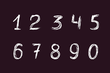 Arabic numerals. Set of decorative numbers, children's drawing with white chalk on a black board. Numeric signs. Line drawing. Vector illustration isolated.