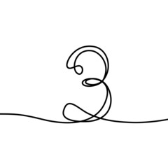 3, three, number, sign in the form of one continuous line. Mathematical symbol, minimalistic simple arabic numerals icon, logo. vector illustration