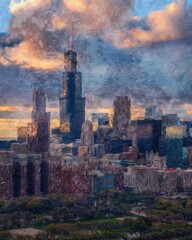 Chicago USA city center skyscrapers and architecture, America travel downtown, drawing in oil wall art print for canvas or paper poster, tourism production design real painting modern artistic artwork