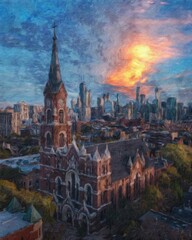 Chicago USA city center skyscrapers and architecture, America travel downtown, drawing in oil wall art print for canvas or paper poster, tourism production design real painting modern artistic artwork