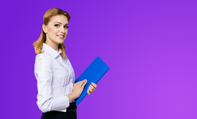 Happy smiling attractive businesswoman, with copy space area for some slogan or text. Confident...