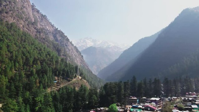 Himachal Pradesh valley drone fly in unpolluted natural unexplored Himalaya mountains reveals stunning landscape