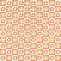 Groovy flowers hippie aesthetic seamless pattern. Funny simple checkerboard print for fabric, paper, stationery. Doodle vector illustration for decor and design.
