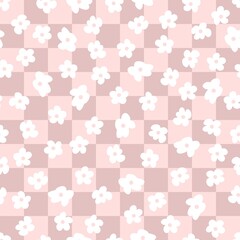 Checkers seamless pattern with simple flowers in 1970s style. Floral background for T-shirt, poster, card and print. Doodle vector illustration for decor and design.