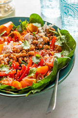 Vegan bowl with white bean, fresh spinach, carrot, red pepper, shallot, coriander and tomatoes. 