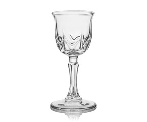 Empty transparent glass cup, shot glass, glass for wine, whiskey, cognac, martini, beer, juice and other drinks, isolated on white background. Dishes for bar, restaurant, pub.