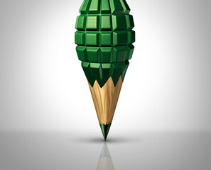 Military planning and army strategy or war concept as a pencil shaped as a grenade representing diplomacy or diplomatic strategy to avoid wars or conflict zone reporting.