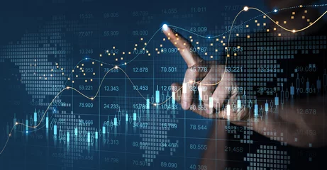 Foto op Plexiglas Trader analyzing data on virtual screen.Price graph and indicator. Stock market invest and crypto currency. Stock market and business investment.  © Miha Creative