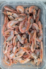 Frozen shrimp in fridge at the fish market. Healthy eating and fish market concept