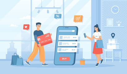 Shopping online. Internet store app and mobile payments by credit card via electronic wallet wirelessly on phone. Flat cartoon vector illustration with people characters for banner, website design.