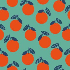 A simple pattern of oranges. juicy oranges with blue leaves. Green background. Fashionable print for textiles, wallpaper and packaging.