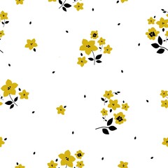 Seamless vintage pattern. Yellow flowers, black leaves. White background. vector texture. fashionable print for textiles, wallpaper and packaging.