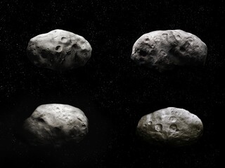 Collage of four large asteroids. Composition of space rocks covered with craters. Group of large asteroids. 