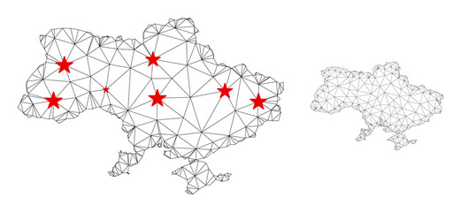 Polygonal mesh Ukraine map with Crimea with red star centers. Abstract network connected lines and stars form Ukraine map with Crimea. Vector wireframe 2D polygonal network in black and red colors.