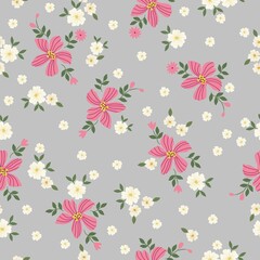 Seamless vintage pattern. White and pink flowers, green leaves. Gray background. vector texture. fashionable print for textiles, wallpaper and packaging.
