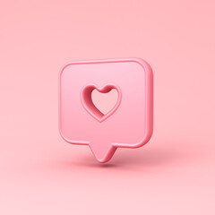 3d love like heart social media notification icon pin isolated on pink pastel color background with shadow minimal conceptual 3D rendering