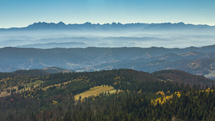 Panorama of the Tatra Mountains from the observation tower in Goriec	