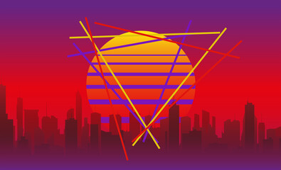 background with the evening sun and city in the style of retro wave on the neon sky and triangles