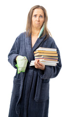 A woman in a bathrobe holds a lot of books. sneezes and coughs into a handkerchief, relaxes with an interesting book. Self isolation. coronavirus, flu, epidemic. isolated.