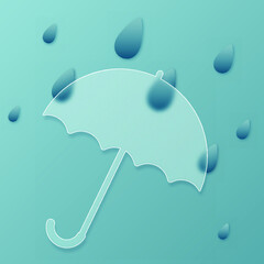 Icon in glass morphism style. Transparent umbrella with rain drops. Vector illustration.