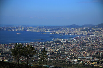 Top view of the city and the blue Gulf of Naples, seen from Vesuvius, Naples, Campania, Italy