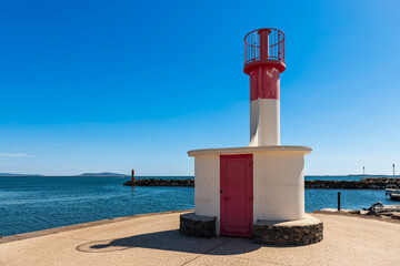 Red semaphore in Marseillan, in Hérault, in Occitanie, France