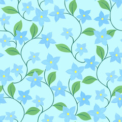 Spring print with delicate blue flowers. Watercolor intertwining stems. Seamless pattern on blue background.