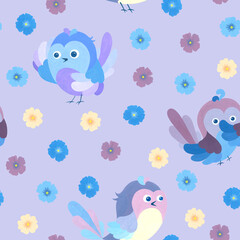 Tender spring print with birds and flowers. Watercolor birds in a naive style. Seamless pattern on lilac background.