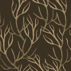 Intertwining tree branches. Watercolor plants. Seamless pattern on brown background.
